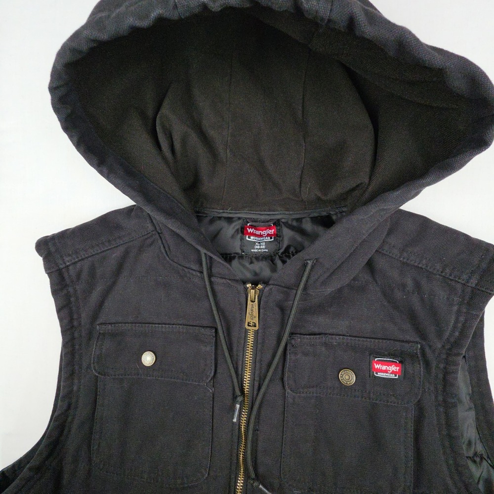 Wrangler Workwear Canvas Hooded Zip Vest Mens XL Black Quilted Heavy WW55275